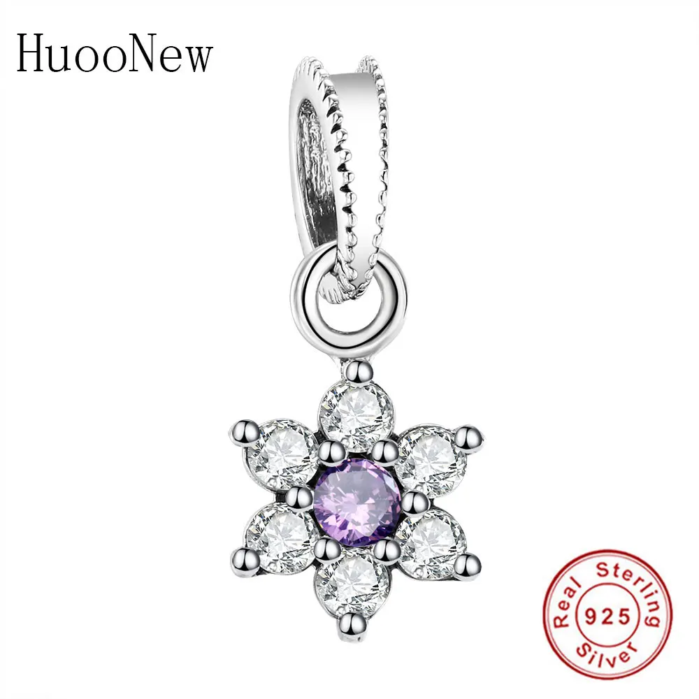 

Clear Purple Crystal Flower Dangle Fit Original Pulsera Charm Bracelet Pendant 925 Sterling Silver Jewelry Gift Berloque