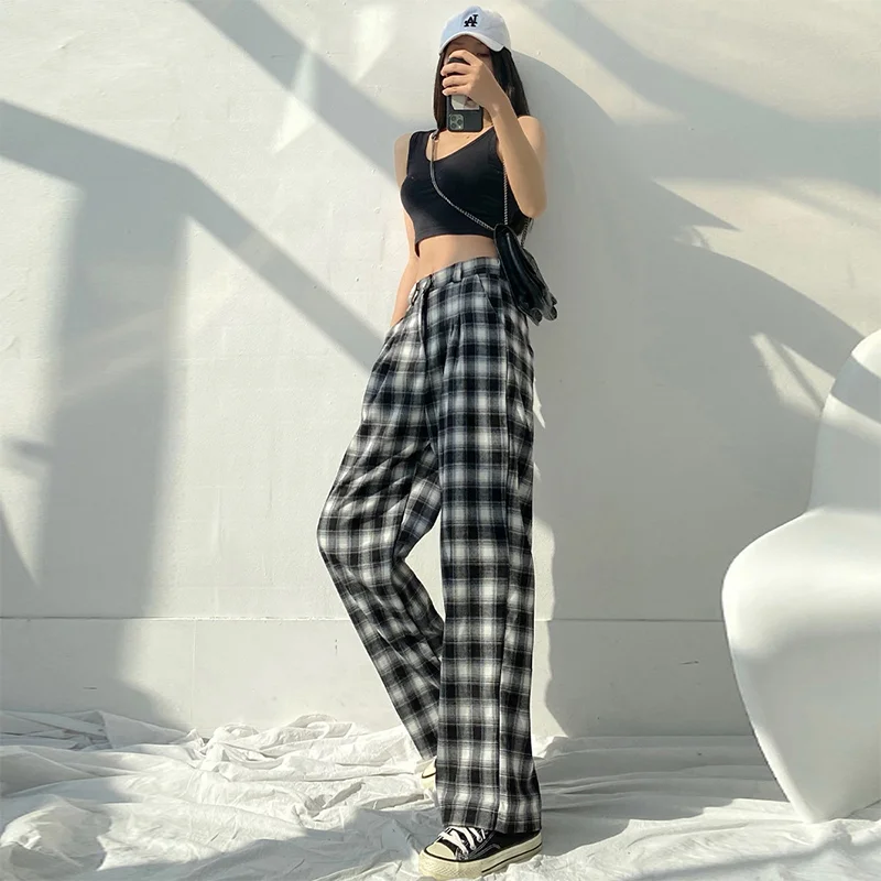 

Helisopus 2022, повседневные свободные длинные штаны с широкими штанинами, черные, белые, в клетку, с высокой талией, прямые брюки, женская уличная ...