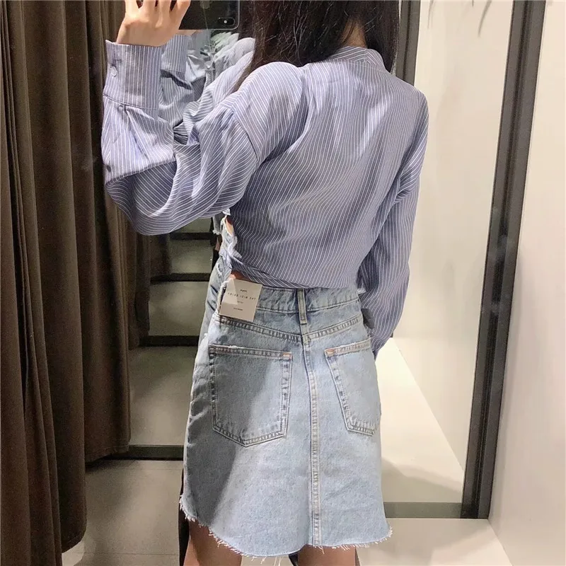 

Za Summer 2021 Blue Striped Shirt Women Vintage Chic Wrap Belt Bow Crop Top Woman Casual Long Sleeve Shirt Ladies Loose Tunic
