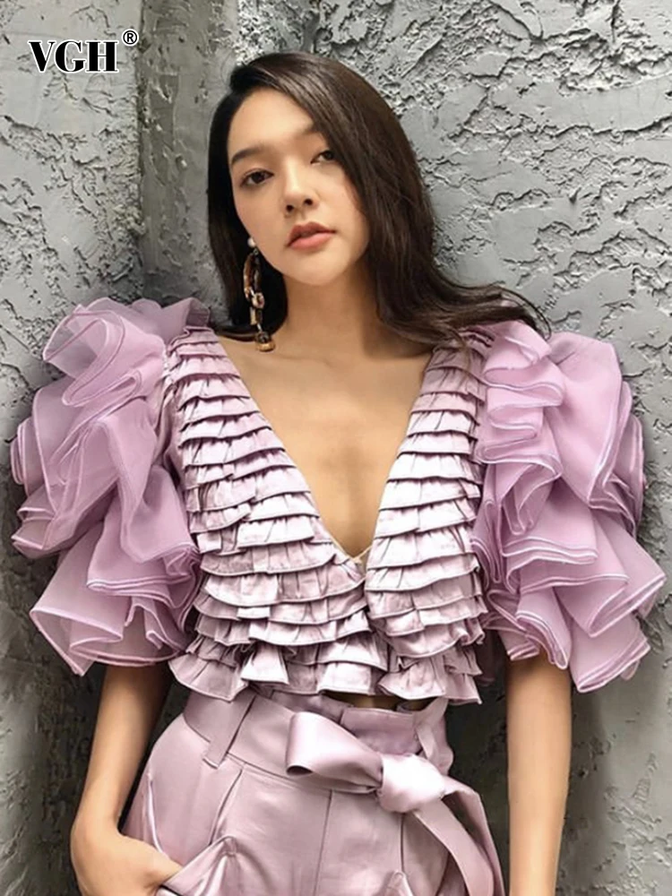 

Женская Повседневная Блузка с оборками VGH, однотонные свободные пуловеры с V-образным вырезом и длинными пышными рукавами, осень 2021