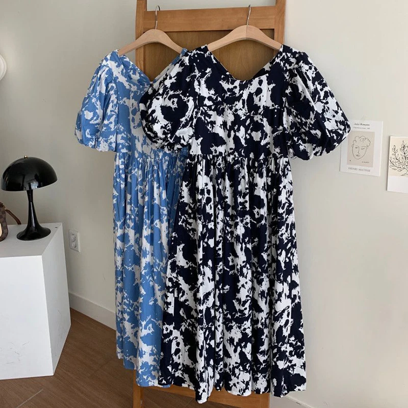 

Plus Size Square Collar Ink Print Summer Dresses Women Vintage Loose Lantern Sleeve Long Dress Female Lace Up Woman Dress 13844