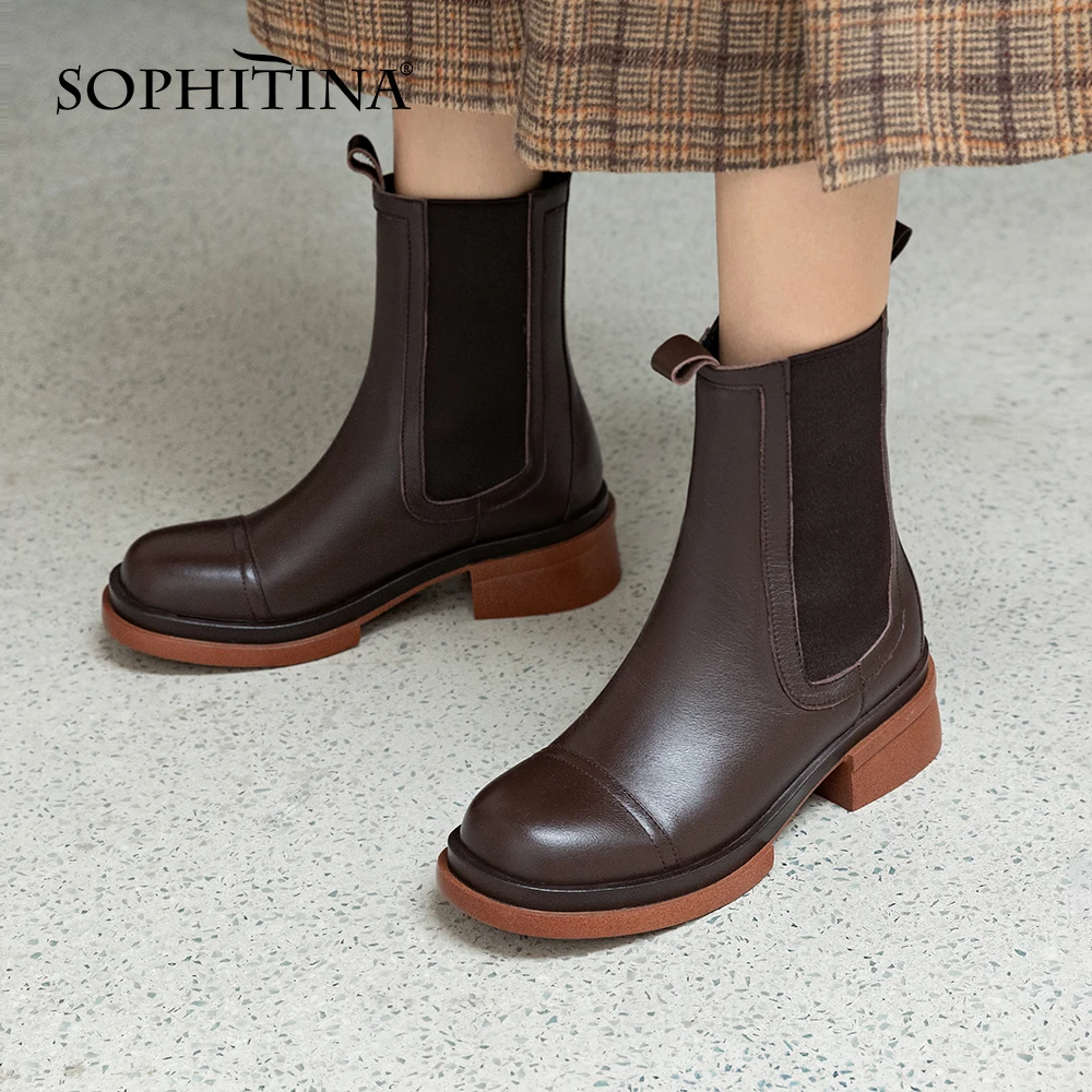 

SOPHITINA Women Ankle Boots Chelsea Plush Casual Square Heel Boots Genuine Leather Slip-On Platform Classic Women Shoes YO174