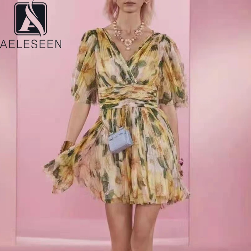 

Женское платье с коротким рукавом AELESEEN, желтое Плиссированное мини-платье с v-образным вырезом и открытой спиной, лето 2019