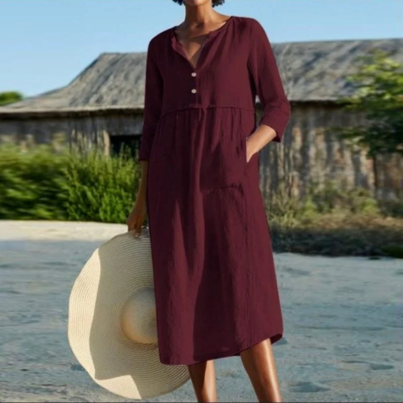 

Explosion style loose dress summer regular sleeves single-breasted cotton and linen summer casual women's clothing 2021 hot sale