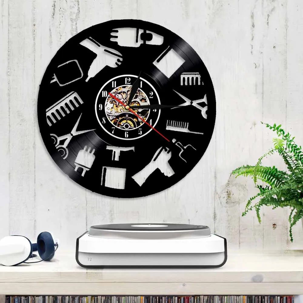 Настенные часы для парикмахерской с виниловой пластиной и логотипом