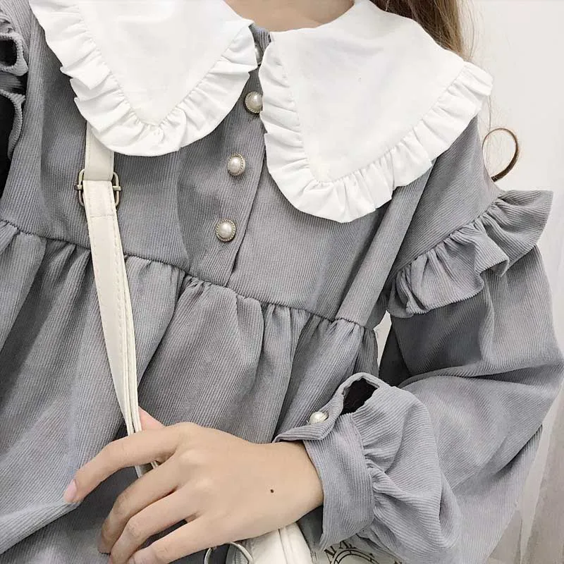 

Lolita Japanese Soft Sister Sweet Dress Fashion Women Kawaii Navy Collar Corduroy Dresses Spring Autumn Student Loose Dress 2021