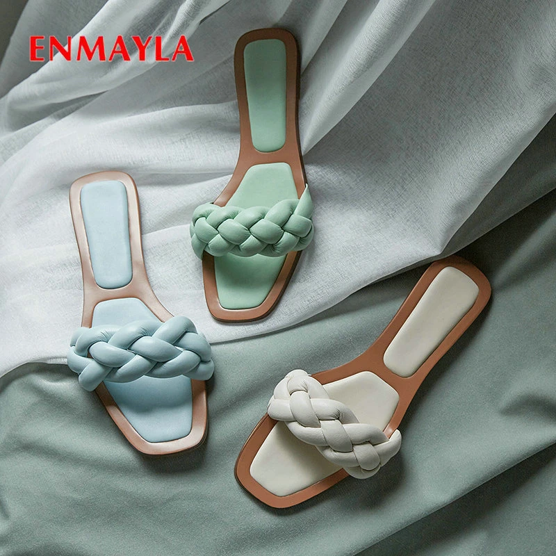 

ENMAYLA Square Toe Sweet Pinky Color Slippers Microfiber Leather Synthetic Solid Summer Outside Women Slippers Women Shoes 34-43