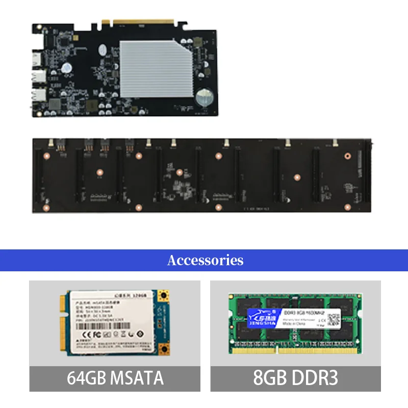 Набор материнской платы для майнинга 8 GPU(67 мм) с ЦП и Гб DDR3 1600 МГц ОЗУ 64 MSATA SSD