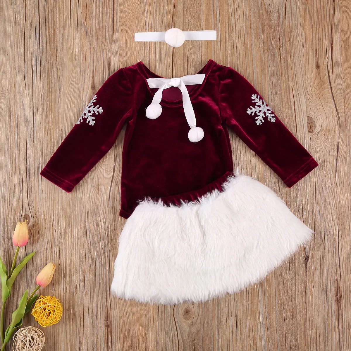 

3Pcs Toddler Girl 0-24M Christmas Snowflake Print O-Neck Long-Sleeves Rompers + Plush Short Skirt + Ball Hairband Set