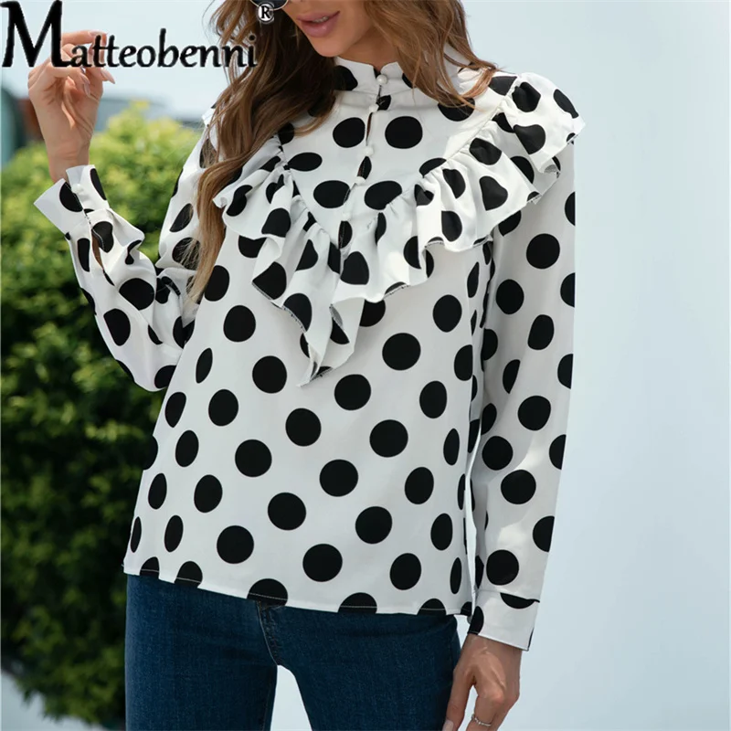 

2021 Spring Autumn Shirt New Casual Women Shirts Blouses Office Ladies Top Fashion Wave Point Ruffle Button Up Shirt White Black