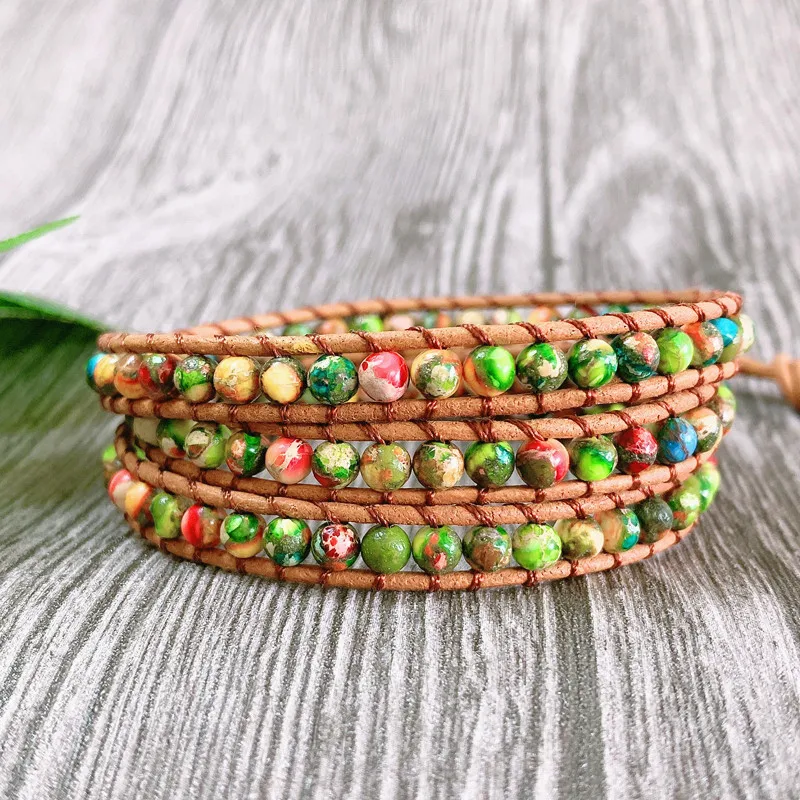 Colorful King Stone Triple Leather Wrap Bracelet for Women Fancy Stone Handmade Multilayer Mala Beads Leather Jewelry Woman's