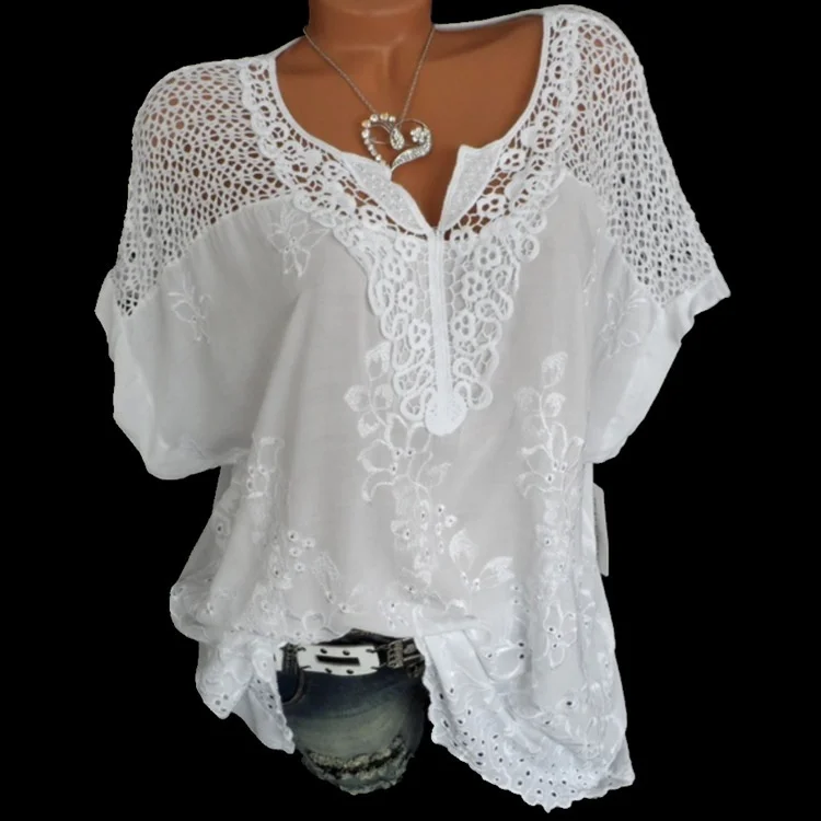 

2020 Comfort Elegance Lace Blouse V Neck Bat Sleeves Shirt Plus Size Women new Loose Classics Sexy female Hollow Out Tops