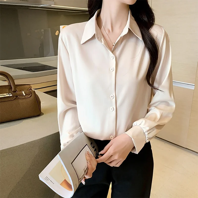 

Silk Shirt Autumn Spring 2021 Womens Clothing Office Vintage Blouse Women White Top Longsleeve Dress Shirt Plus Size Ladies