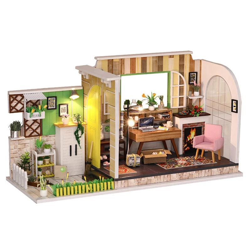 DIY Рабочая комната с мебелью Дети миниатюрный деревянный кукольный дом модель