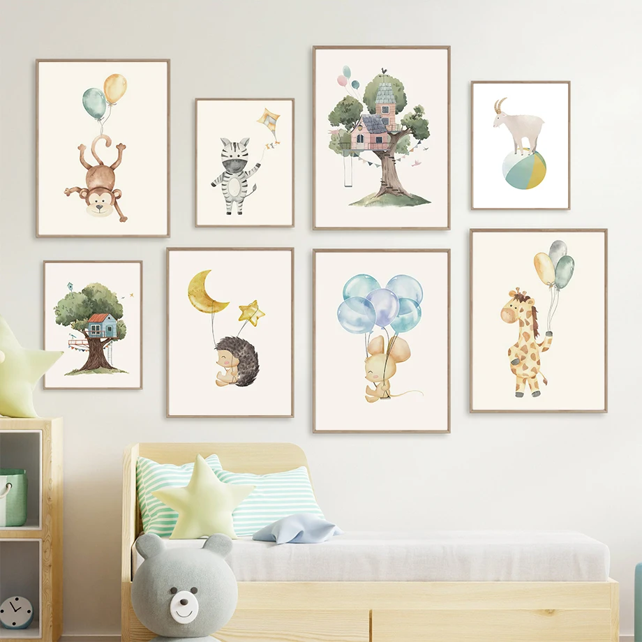 

Cartoon Tree House Balloon Hedgehog Giraffe Wall Art Canvas Painting Nordic Poster And Prints Wall Pictures For Kids Room Decor