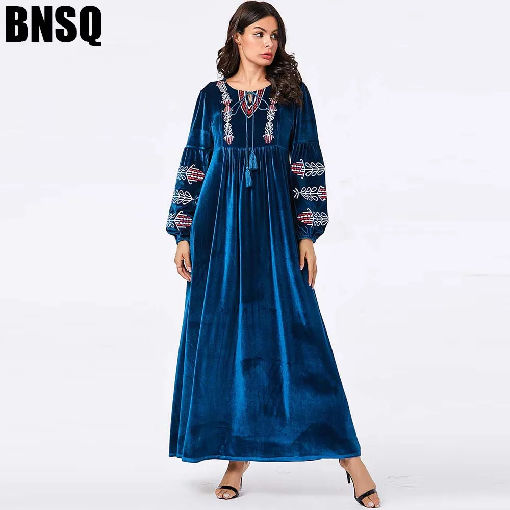 BNSQ арабское Золотое бархатное платье с вышивкой зимнее для женщин мусульманский