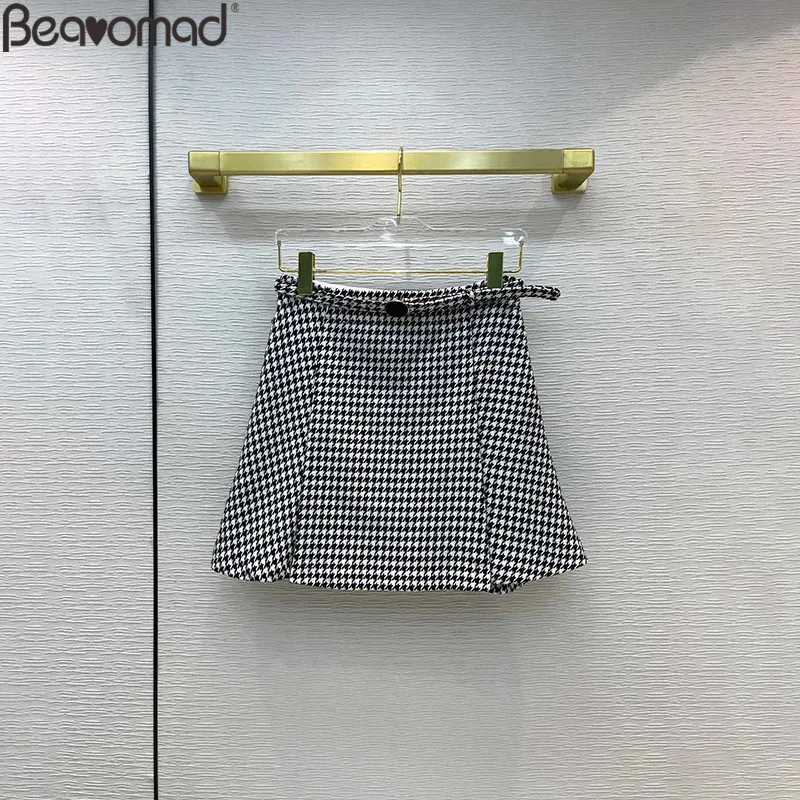 

Женская короткая юбка-трапеция Bearomad, летняя облегающая юбка с высокой талией и поясом, юбка в стиле ретро с рисунком «гусиные лапки»