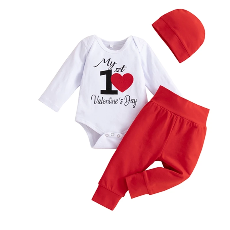 

Милый комплект из трех предметов для новорожденных, комбинезон с длинным рукавом и надписью на День святого Валентина, штаны с эластичным п...