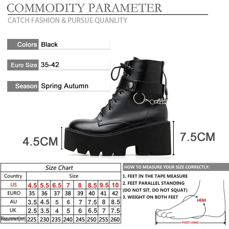 

BYQDY Plus 41-42 Thick Platform Woman Ankle Boots PU Round Head Metal Chains Ladies Shoes Lace-up Wedge Heels Footwear Black