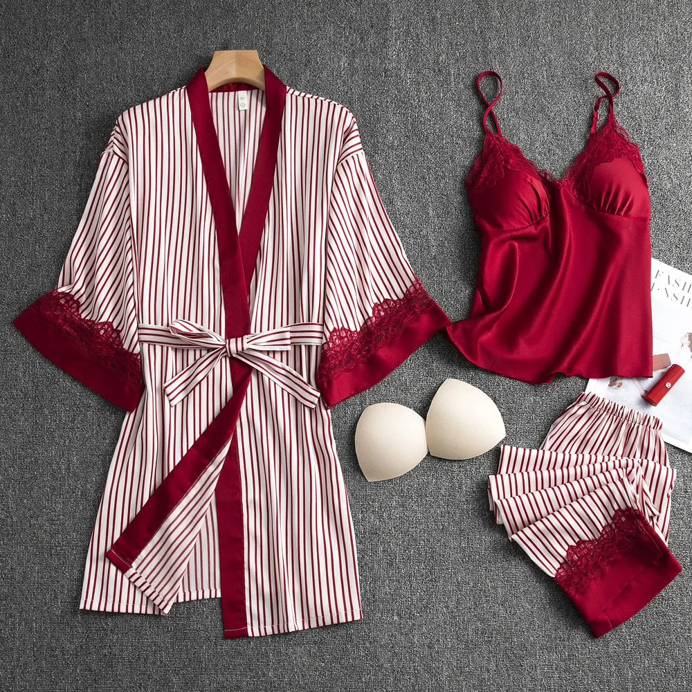 

Summer Lace Pajamas Lady Stripe 3PCS Pj's Sets Summer Kimono Robe Gown With Trousers Strap Nightgown Three Pieces Home Clothes
