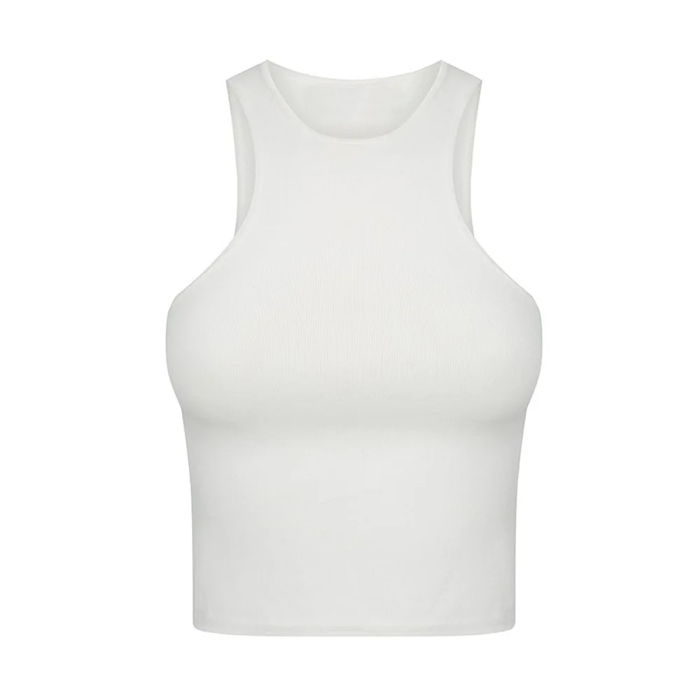 

Women's vest solid color fashion round neck loose short tops cotton summer sports fitness revealed ladies clothing 2021 new