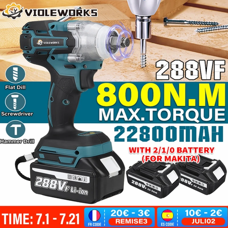 

NEW 22800mAh 288VF Brushless Electric Impact Wrench 1/2 Lithium-Ion Battery 6200rpm 800 N.M Torque 110-240V