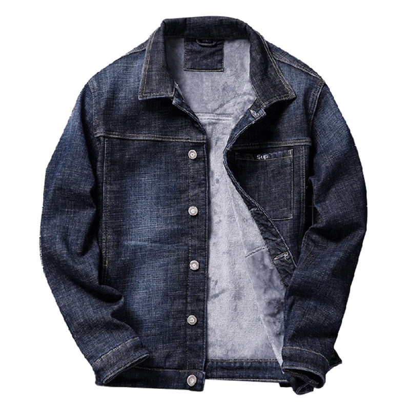

Dropshipping Warm Fleece Thicken Denim Jacket Men's Plus Velvet Slim Embroidery Printed Jean Parka Overcoat Youth Fashion Jacket