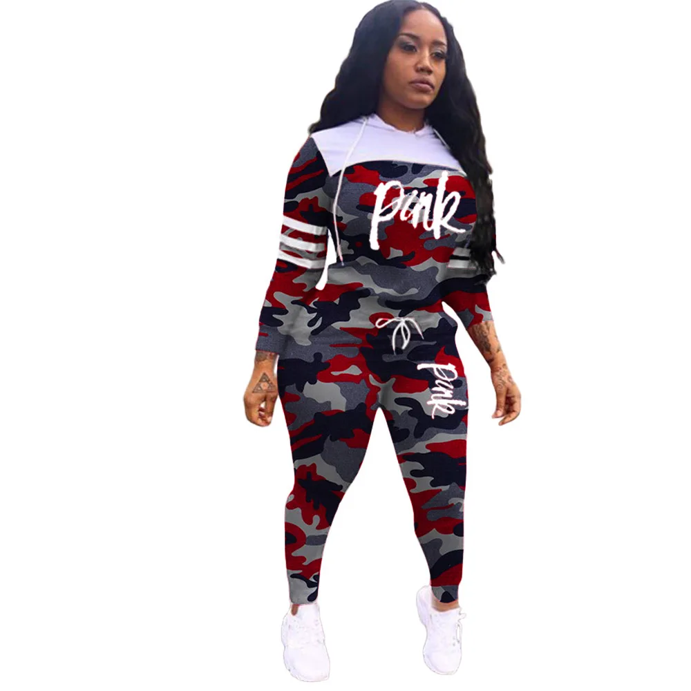 

Sports Sweatsuit 2 Piece Set Women Spring Autumn New Fashion Women's Camouflage Letter Printed Hooded Tracksuit Women Two Piece