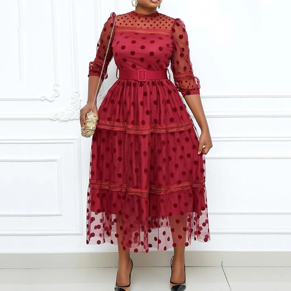 

Женское винтажное платье-миди в горошек, красное ТРАПЕЦИЕВИДНОЕ ПЛАТЬЕ в африканском стиле, повседневная одежда для офиса и работы, привлек...