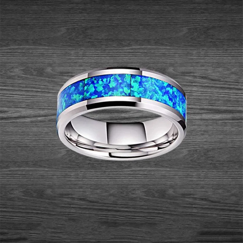 

Fashion Blue Opal Stainless Steel Rings for Men Women Party Wedding Male Jewelry Unisex Hand Accessories Size 6-13