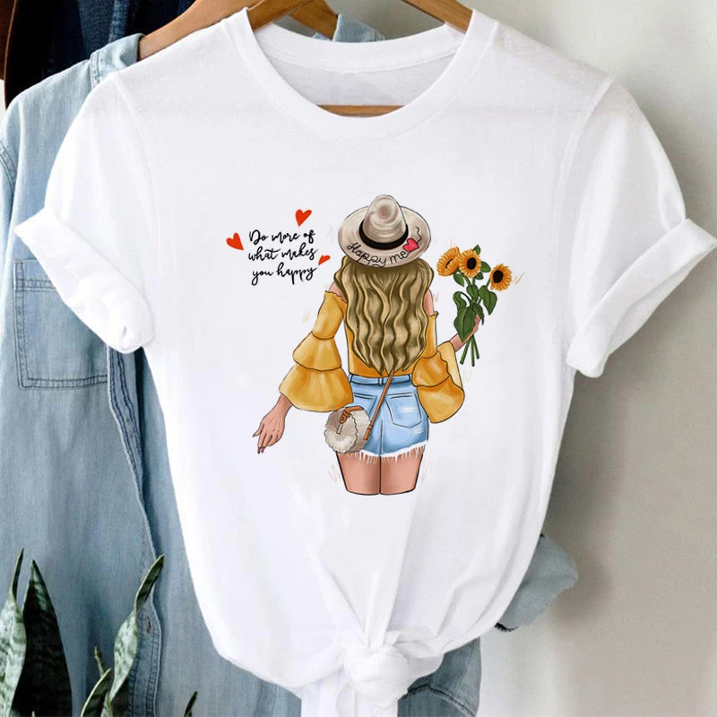 

Summer Sunflower Fashion Girl Graphic Printed White T-shirt Round Neck Women's Short Sleeve Harajuku Female Casual Tops Tee