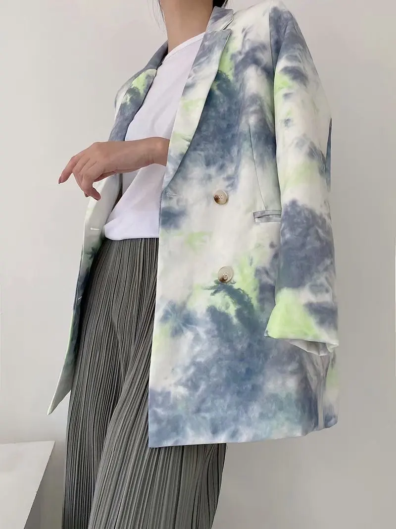 

TMODA418 Za 2021 Spring Autumn New Green Tie Dye Double Breasted Buttons Women Coat Pockets Female Outerwear Chic Tops