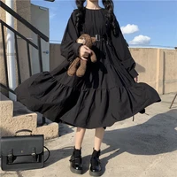 new style japanese college style long sleeved strap black dress female student loose and thin temperament dress long skirts y2k