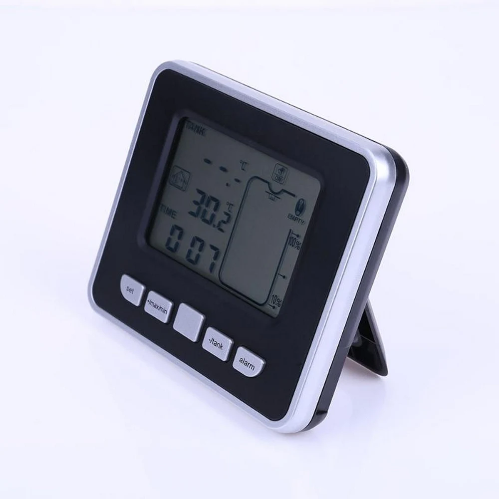 

Ultrasonic Wireless Water Tank Level Meter Sensor with Temperature Time Display Alarm Liquid Depth Level Gauge Measuring Tool