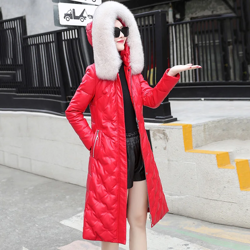 New Women Sheepskin Down Jacket Autumn Winter 2022 Fashion Real Fox Fur Collar Hooded Embroidery Slim Long Leather Overcoat