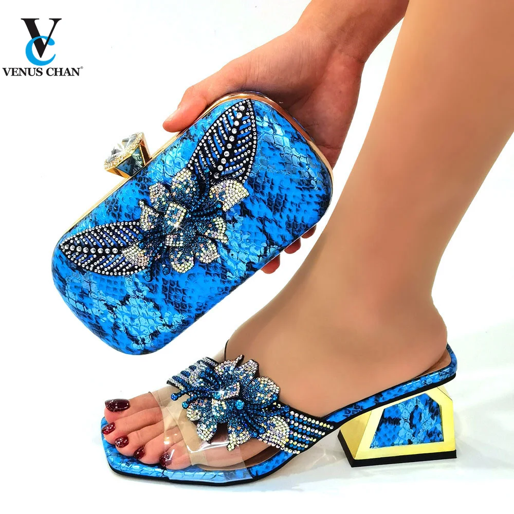 Dark Blue Latest Autumn Decorated With Stone Woman Shoes And Bags Set Italian Style High Heels Slipper And Bags For Party Dress