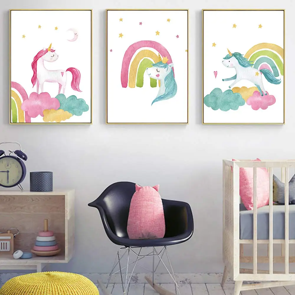 

Nordic Poster PinkUnicorn Wall Canvas Rainbow Canvas Painting Moon Stars Nursery Wall Art Print Poster Picture Modular Framework