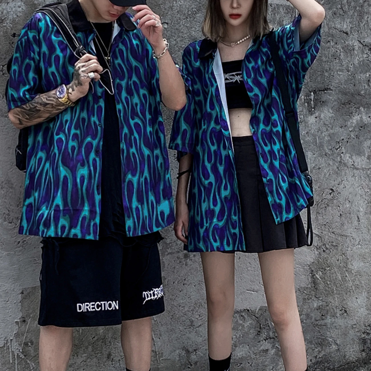 LACIBLE в стиле хип хоп голубого пламени рубашки Для мужчин 2020 Лето Harajuku свободный