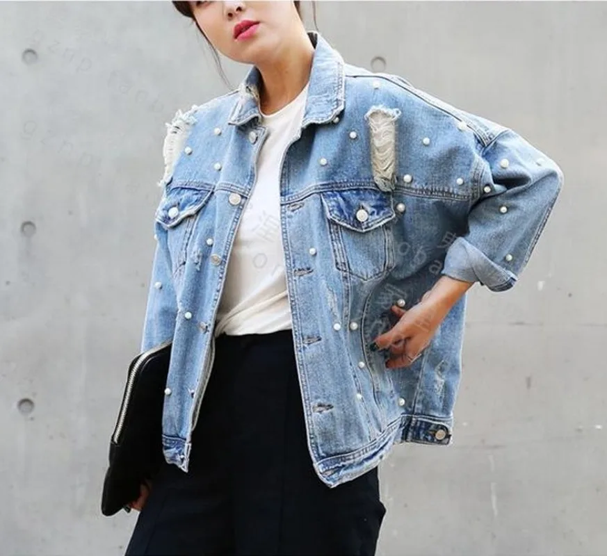 Жемчужные бисерные рваные джинсовые куртки женские винтажные однобортные и