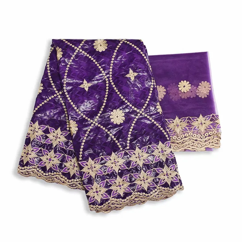 

Amazing African Cotton Jacquard Bazin Lace Fabric Matching With 2Y Net Lace Fabric For Dress Set IKBN117