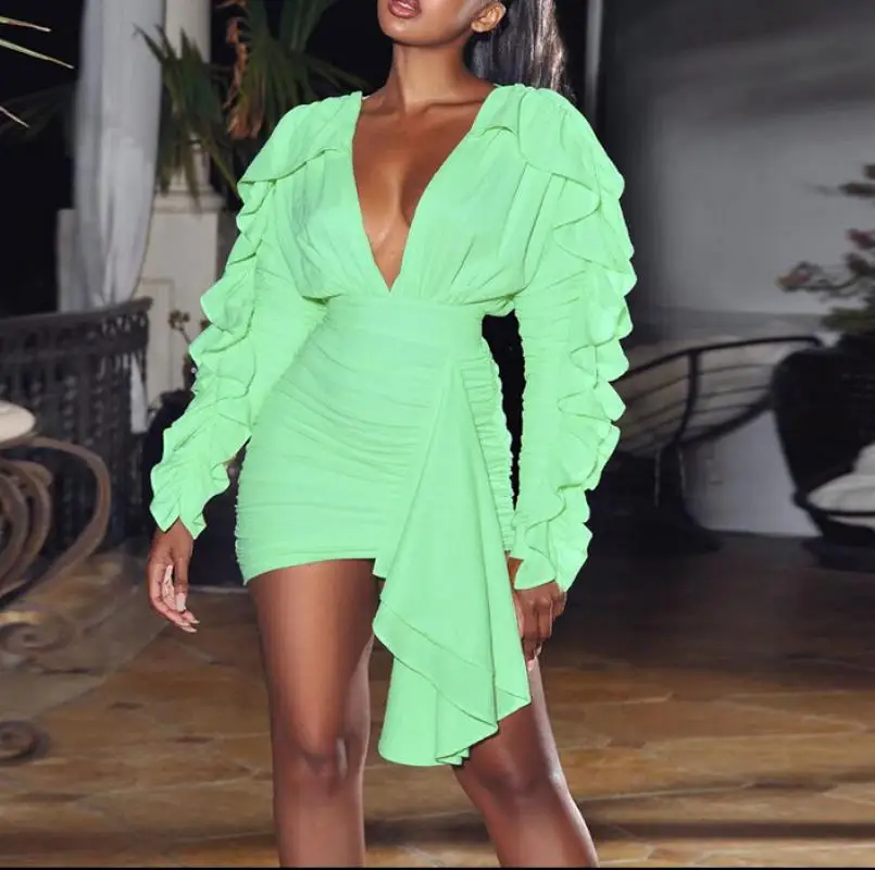 

Kiss Me Elegant Ladies Wedding Party Dress One Shoulder Elegant Dress One Ruffle Long Sleeve Dress Women Solid Irregular Dress