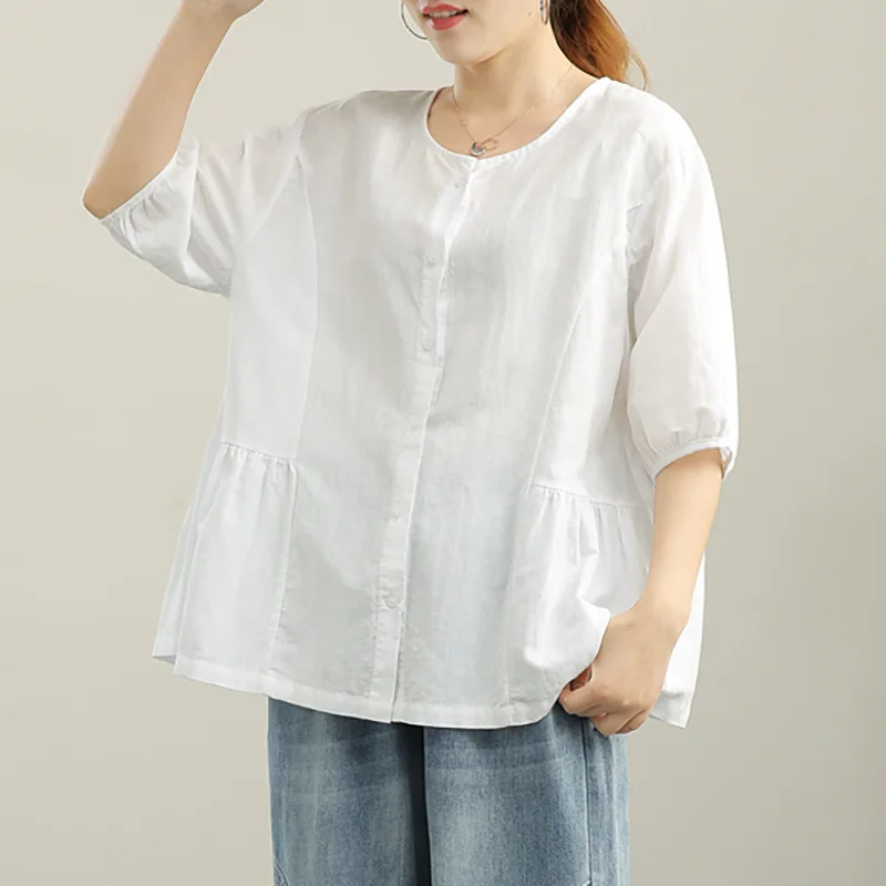 

2021 Cotton Linen Button Blouse ZANZEA Casual Solid Blouse Summer Tops Tunic Chemise Female O Neck Short Sleeve Shirts Oversized