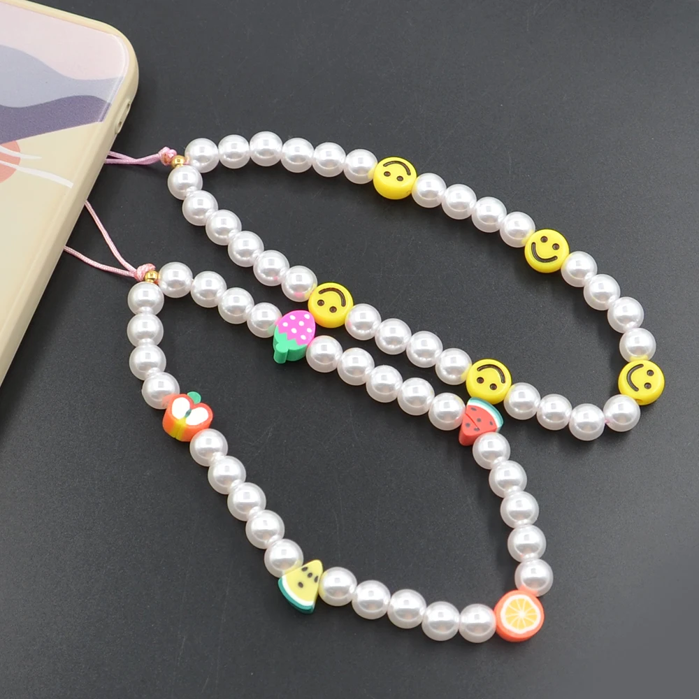 

2PCS/Lot New Arrival Smiley Beads Non-slip Color Contrast Imitation Pearl Beaded Fashion Phone Holder Bracelet Chain Straps