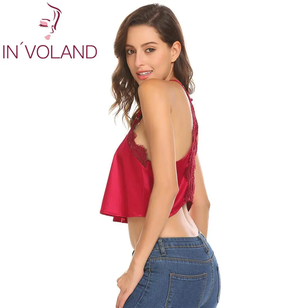 Женский Атласный топ на бретельках с v-образным вырезом и кружевной отделкой