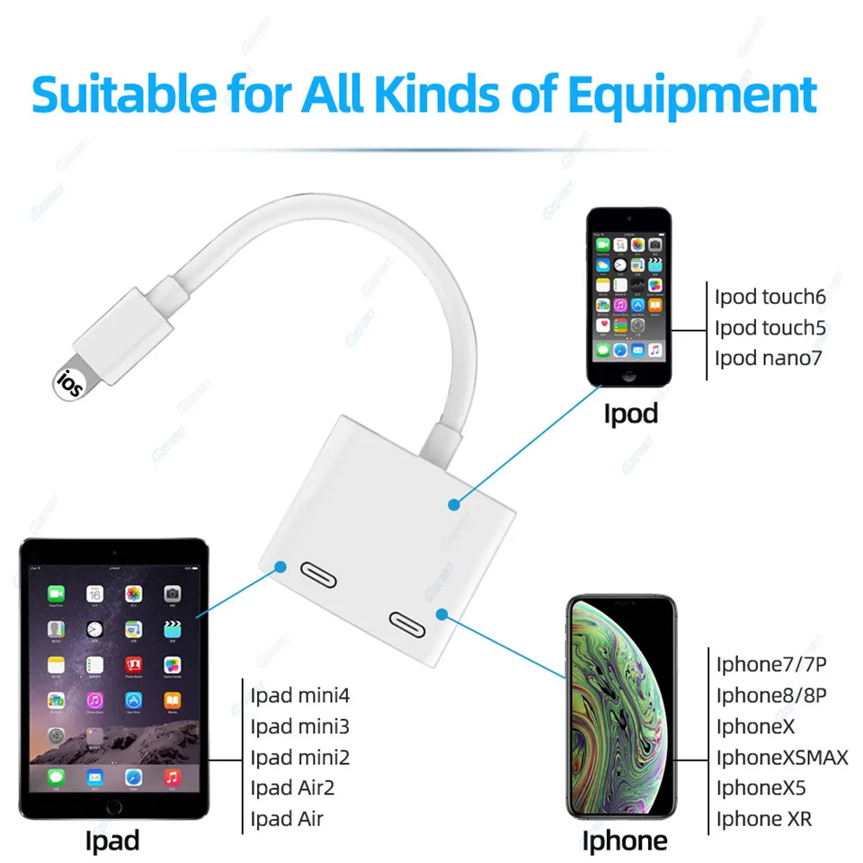 2in1 Dual Jack Charge Audio Adapter For Lightning to Headphone Splitter Audio Converter Cable Support Music/Phone Call/Charging
