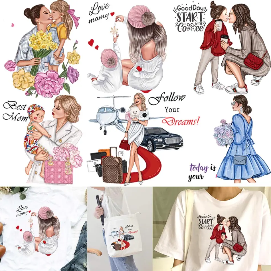 

Mom&Girl Heat Sticker On T-shirt DIY A-levels Iron On Transfer For Parent-child Clothing Pretty Design On Clothes Patch Applique