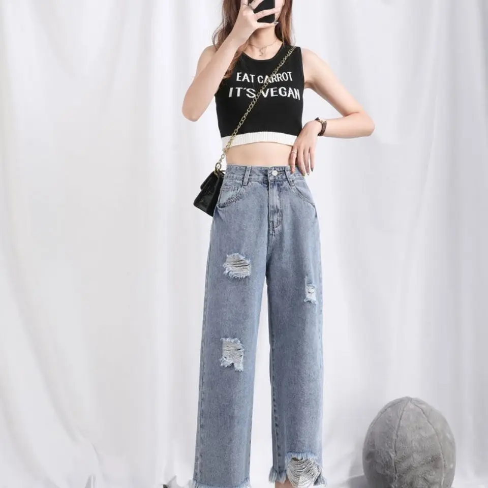 

Wide leg jeans women's thin summer new style hole high waist loose show thin straight tube eight point small drop feeling