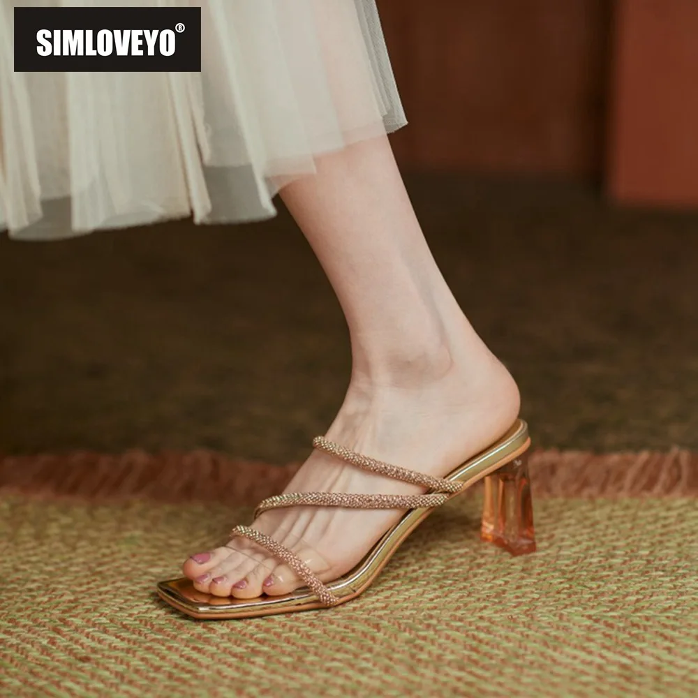 

SIMLOVEYO 2021 Elegant Narrow Band Sandals Rhinestone Open Toe Slip-On Slingbacks 6.5cm High Crystal Square Heels Big Size 33-41