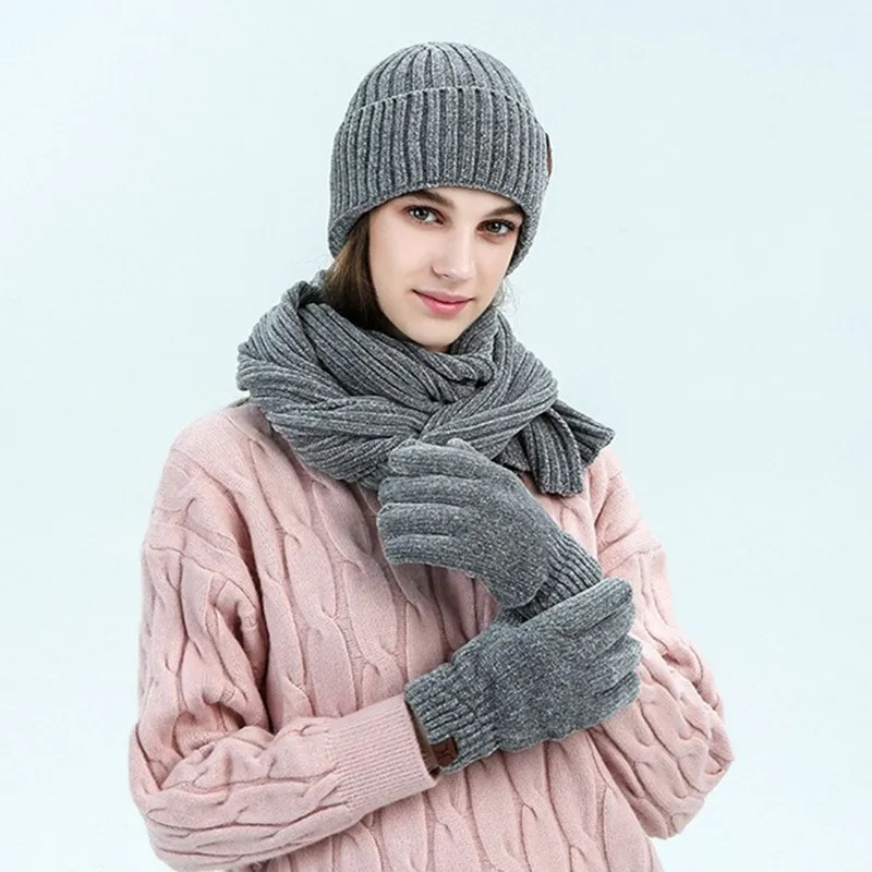 

Women's Knitted Three-Piece Sets Warm Scarf&Hat Touch Screen Gloves 2020 Winter Solid Color Thick Scarf Female