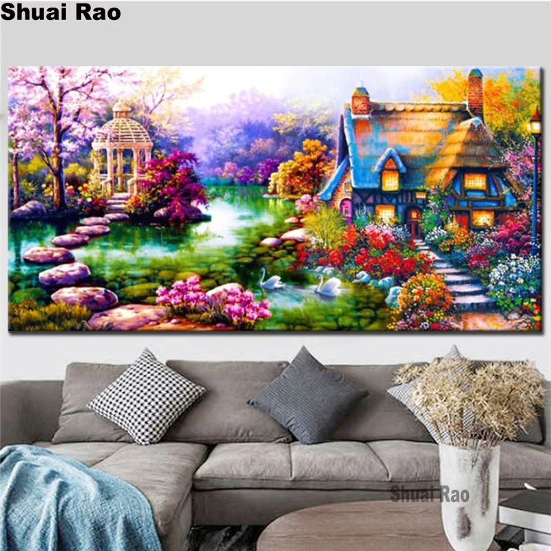 

garden lake 3d full square round drill 5D diamond painting cross stitch village landscape decoration home mosaic diamond art